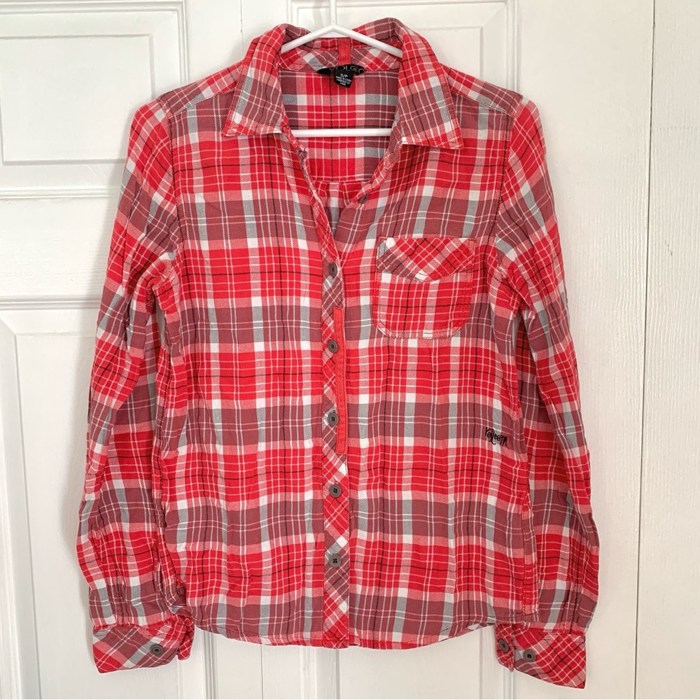 VOLCOM Red Button Down Plaid Shirt Women’s Size Small
